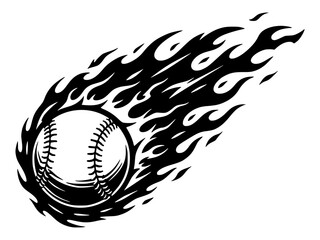 Fast Pitch Flaming Baseball In Motion Silhouette, Fire Trail Sport Graphic Representing Speed Power And High Energy Action © VisuaLabArt