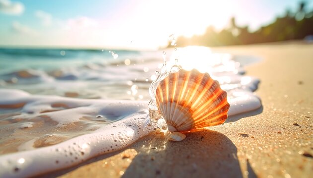 Seashell's Seaside Serenity: An open seashell rests on the beach, touched by gentle ocean waves and bathed in sunlight, evoking a sense of tranquility. 