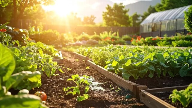A vibrant garden scene bathed in warm sunlight, showcasing rows of fresh vegetables and lush greenery.
