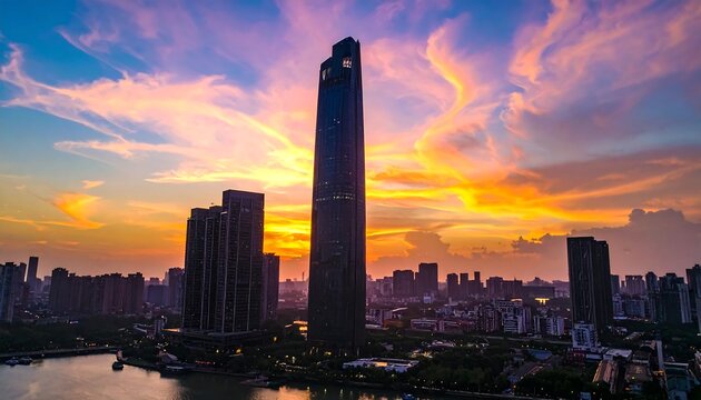 A modern city skyline with a tall skyscraper under an orange and blue sunset sky