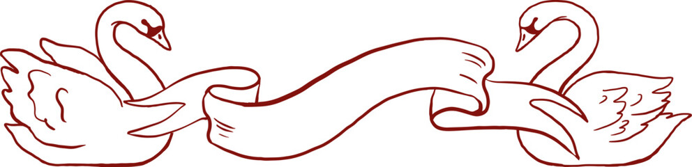 Two swans with ribbon banner. Vintage hand drawn wedding line art illustrations and graphic elements series © Marina Zlochin