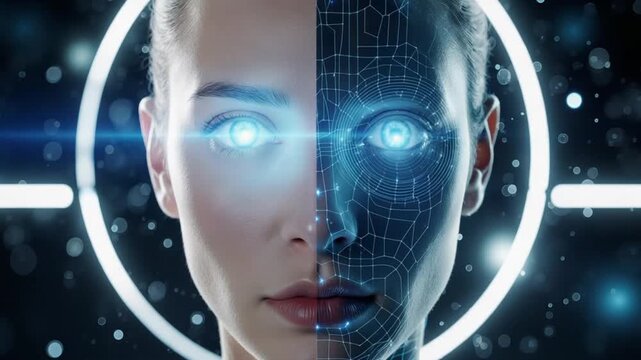 Artificial intelligence human face with digital wireframe and glowing eyes