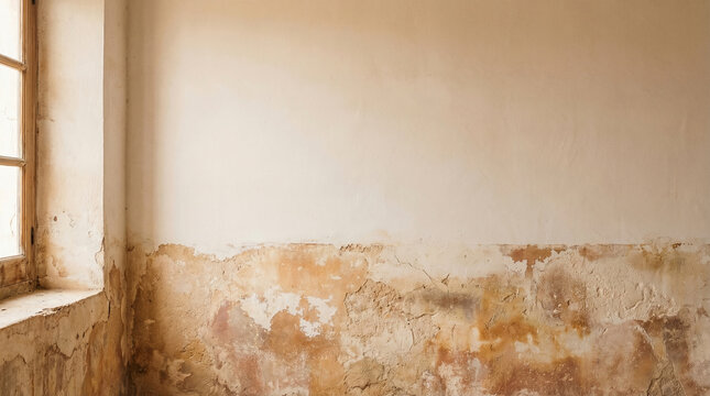 Water damage on wall near window in old room with peeling paint and dampness visible from close-up viewpoint