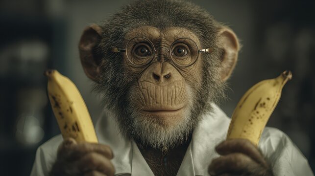 A wise-looking chimpanzee wearing glasses holds two ripe bananas in a laboratory or research setting.