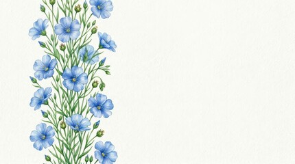Fototapeta premium Blue Flax Flower Watercolor Vertical Border with Hand Painted Botanical Elements on White Background for Side Margin Design