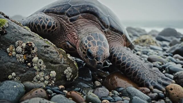 Large Sea Turtle Resting Near Ocean Surf Among Wet Coastal Rocks and Barnacles During Overcast Weather