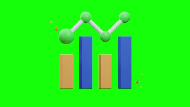 3D Business Statistics and Growth Chart Icon on Green Screen