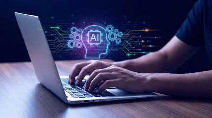 Programmer using laptop with AI coding assistant for software development and automation. Artificial intelligence generates code, detects bugs, optimizes workflow, and supports application building.