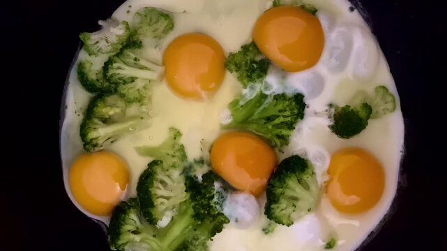 Closeup of frying eggs and steamed broccoli in skillet setting