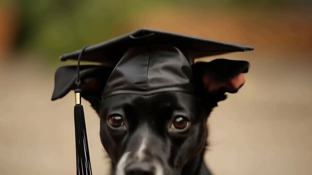 Dog graduates with cap celebrating completion of training at park during sunny day with friends and family gathered around