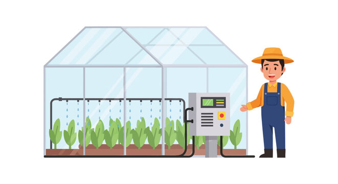 Precision Agriculture: Farmer Operating Automated Irrigation System in Greenhouse. Smart Farming Technology Vector Illustration.