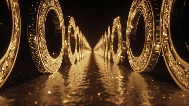 A low-angle macro shot follows rows of ornate golden rings standing on a glossy, wet surface, edges catching warm light and forming a glowing tunnel that fades into a dark vanishing point.