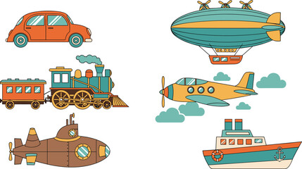 Vintage Transportation Vehicle Illustration with Classic Car Steam Train Airplane Submarine Ship and Airship Travel Vector Collection. © MstSuborna