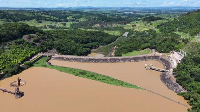 Euclides Da Cunha Reservoir Of Sao Jose Do Rio Pardo In Sao Paulo Brazil. Power Plant. Water Dam Landscape. Nature Skyline. Euclides Da Cunha Reservoir At Sao Jose Do Rio Pardo Sao Paulo Brazil. 