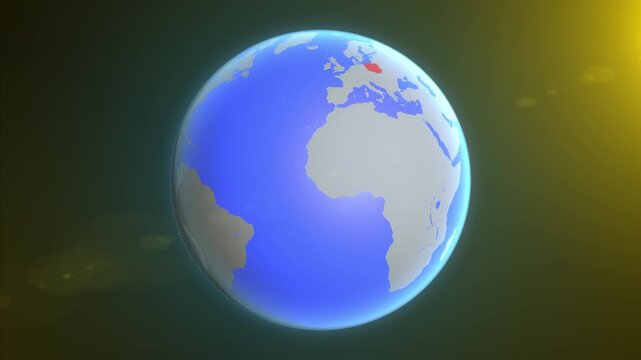 The animation shows a graphic representation of the earth and highlights the location and map of Poland colored red.