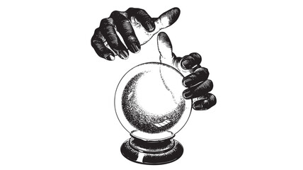 Crystal ball held by hands with sketchy hatching texture, mystical, fortune telling featuring psychic, clairvoyance, magic with divination and future © Davids