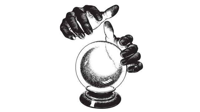 Crystal ball held by hands with sketchy hatching texture, mystical, fortune telling featuring psychic, clairvoyance, magic with divination and future