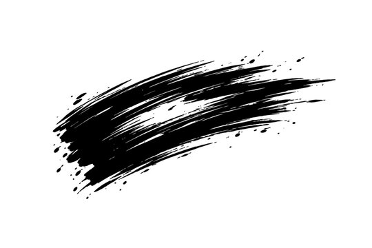 Dynamic black hand-painted brush stroke with rough texture and expressive splatters, perfect for grunge art, graphic design elements, artistic backgrounds, or creative overlay effects, capturing a vib