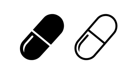 Black and white medical capsule pill icon for health pharmacy and medication