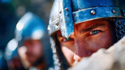 Obraz premium Intense close-up of a medieval armored warrior during a castle siege reenactment, cinematic battle atmosphere with shallow depth of field