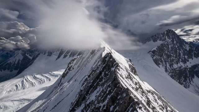 A sharp, snow-laden ridge rises toward a cloud-capped summit, while dark, fast-moving skies sweep across surrounding alpine peaks and glaciers, evoking cold, wind and high-altitude drama.