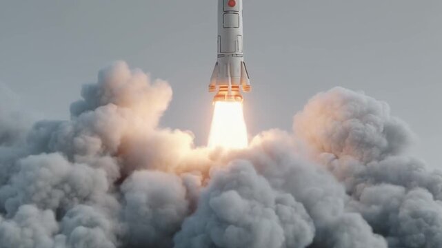Rocket launching with smoke and fire on white background