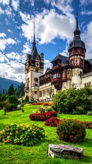 A vibrant vertical view of an ornate castle with multiple spires, set amidst lush green gardens, under a dramatic blue sky
