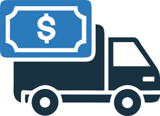 Dark blue delivery truck carrying money is seen in this simple, finance depiction