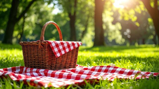 A picnic basket with a red and white checkered cloth on a green grass field in a park.