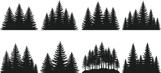 Black pine forest tree silhouettes set, evergreen coniferous wood vector elements, isolated on white background, nature and wilderness design collection. © Faruk Here