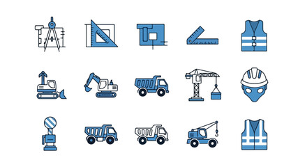 A vibrant collection of blue-themed vector icons depicting construction tools, heavy machinery, and safety gear. © Rayi