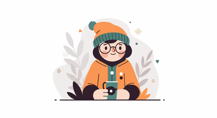Fototapeta premium Cozy person in winter attire, holding a warm mug amidst abstract botanical elements