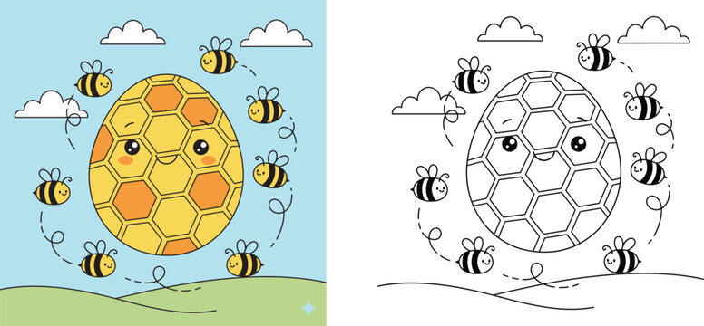 Cute kawaii honeycomb Easter egg character with flying bees coloring page, vector illustration with colored and black outline versions for kids.