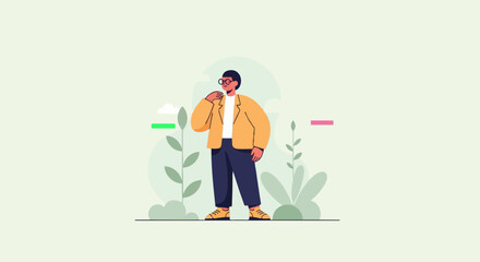 A stylish individual wearing glasses and a jacket, stands thoughtfully amidst abstract plants and clouds