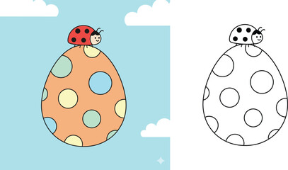 Cute cartoon ladybug sitting on a spotted Easter egg, colored and black and white outline versions for children's coloring book page vector illustration. © MSTA