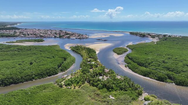 Porto Seguro Skyline At Porto Seguro In Bahia Brazil. Beach Landscape. Beautiful Coastline. Travel Destination. Porto Seguro Skyline In Porto Seguro In Brazil. Mangrove Sand Bank. Brazil Northeast.