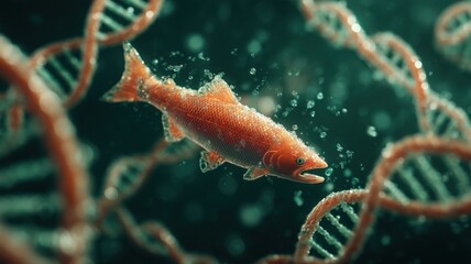 DNAの中を泳ぐ鮭のイメージ。遺伝子研究や生物学の説明資料向けのイラスト素材。