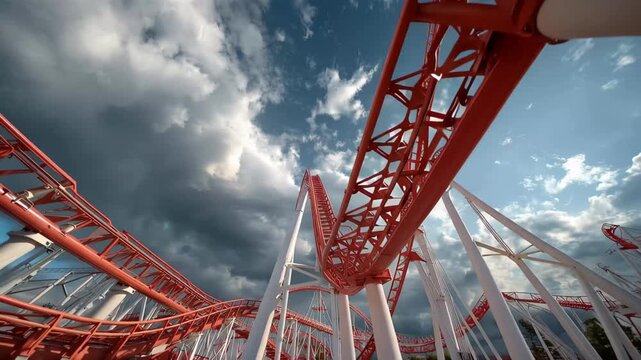 Roller coaster loops through the sky at amusement park in summer with people enjoying the thrill of the ride