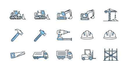 The image features a collection of outline icons depicting various construction vehicles, tools, safety equipment, and structures in blue and white. © Rayi