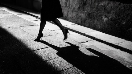 ハイヒールを履いた女性の足元の影の写真。ファッションや都市の雰囲気を表現する素材