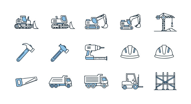 The image features a collection of outline icons depicting various construction vehicles, tools, safety equipment, and structures in blue and white.