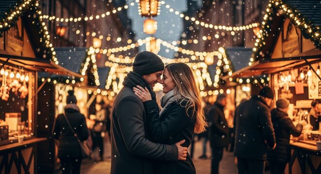 Romantic Couple Embracing at Outdoor Market with Snowfall and Festive