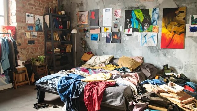 Messy bedroom interior with clothes scattered on the bed and floor, creating a cluttered atmosphere.