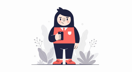 Stylized person in coral vest with tie, holding phone, amidst grey plants