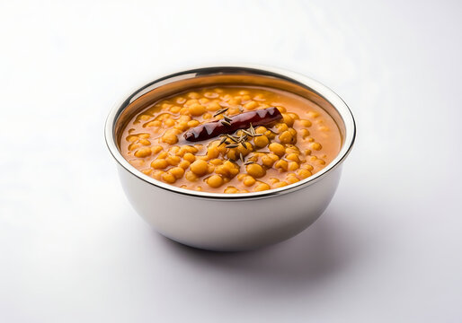 Traditional Indian dal fry or lentil soup with cumin and red chili tempering in stainless steel bowl isolated on white.