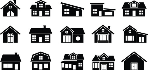 Set of black house silhouettes including modern cottage suburban and bungalow home icons isolated on white for real estate design © Sabbir's World