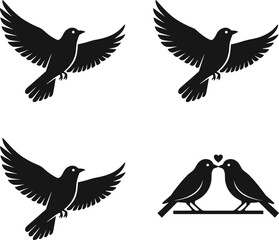 Obraz premium Set of black silhouettes featuring flying birds and a pair of love birds perched on a branch for nature and romance design