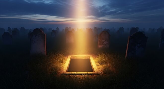Mysterious graveyard scene with light beam at night symbolic cemetery concept