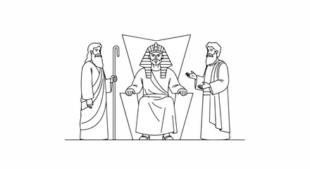 Scene from the Bible with Moses speaking to Pharaoh in Old Testament setting. Old Testament representation includes figures of Moses and Pharaoh amid a dramatic backdrop.