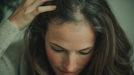 女性の頭皮を気にする様子。薄毛や頭皮ケアのイメージ素材。